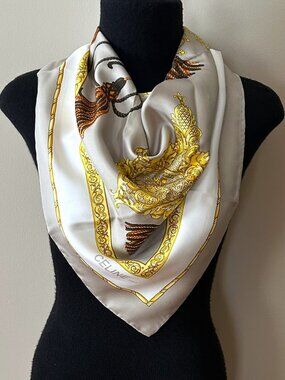 CELINE Silk Scarf Tassels, Taupe, Square 33 inch